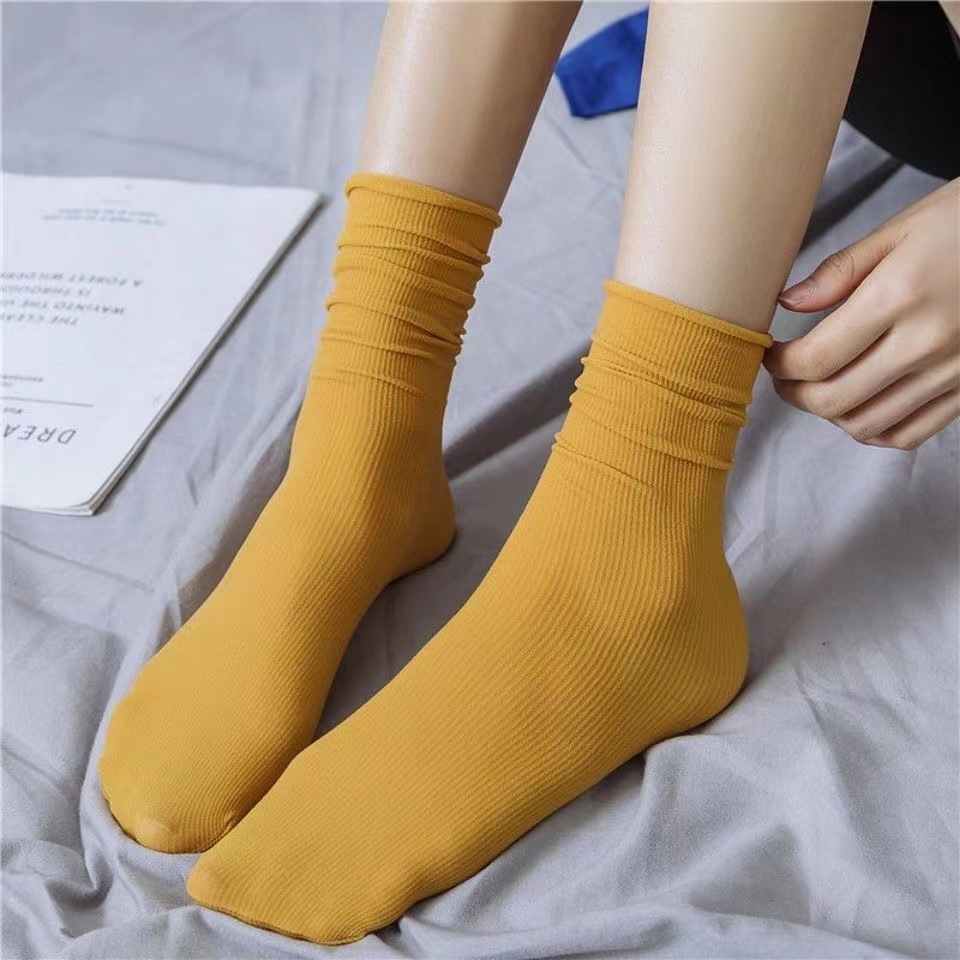 Spring and Summer Thin Mid-Calf Socks Ice Socks Pure Color Thin Japanese Style Pile Socks Ladies Ins Trendy Popular Ice Silk Socks