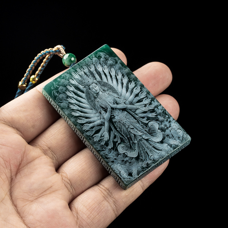 Natural A Jade Thousand Hands Guanyin Brand Blue Water Material Double-sided Seiko Shadow Carving High Ice Jade Pendant Pendant Yu Pei