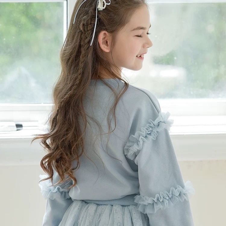 Autumn and Winter Children's Clothing Girls' Sweatshirts Lace Medium and Large Children's Long-Sleeved Mesh Fungus Princess Little Girl Fashionable