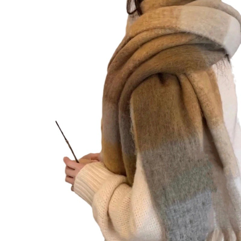 Autumn and winter new thick warm rainbow color plaid scarf European and American loop yarn thick tassel color matching shawl