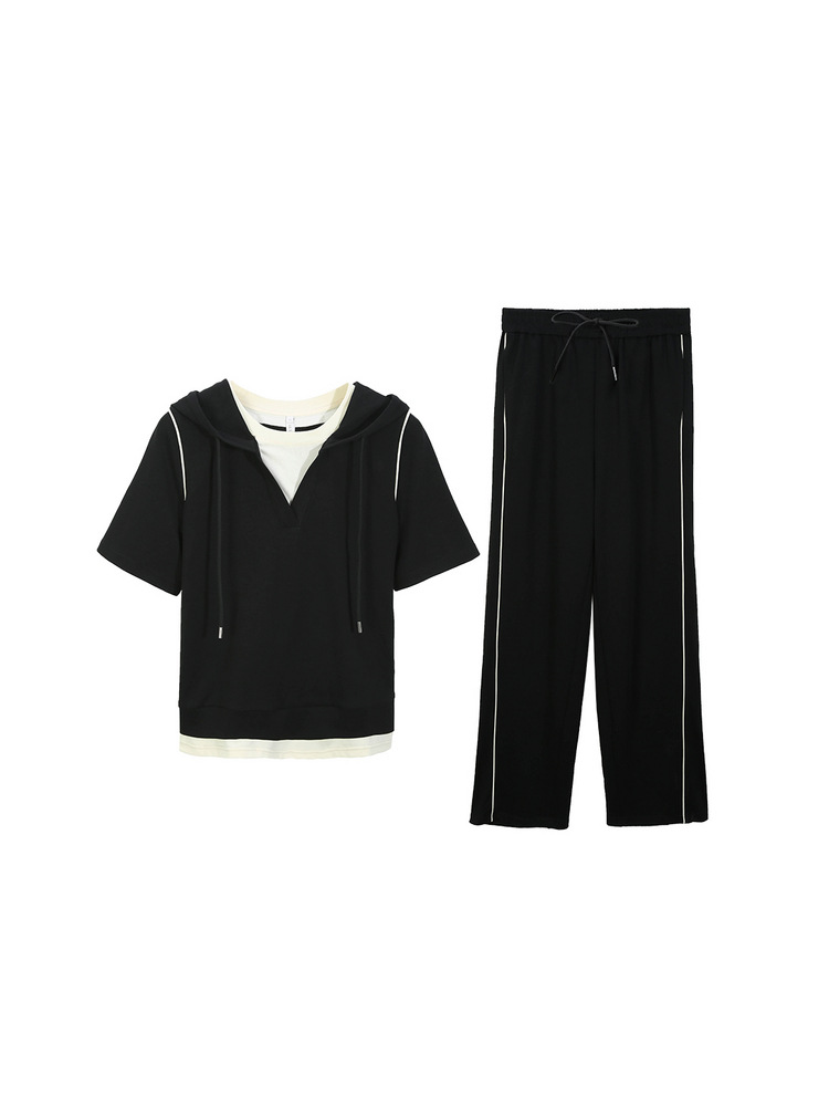 [Free Chasing Light] Contrast Color Stitching Hooded Knitwear Wide Leg Pants suit Slim Show plus size chubby girl Summer New