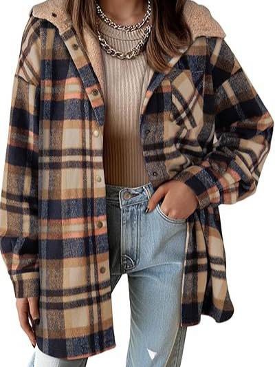 2024 Amazon European and American Women's Flannel Plaid Jacket Long Sleeve Autumn Button Colorblock Hooded Jacket