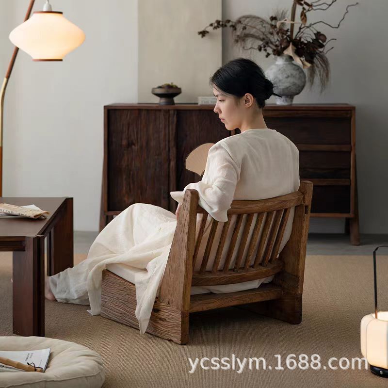 Quiet Style Old Elm Wooden Backrest Leisure Chair Full Solid Wood New Chinese Tatami Single Chair Elm Wooden Sofa Chair