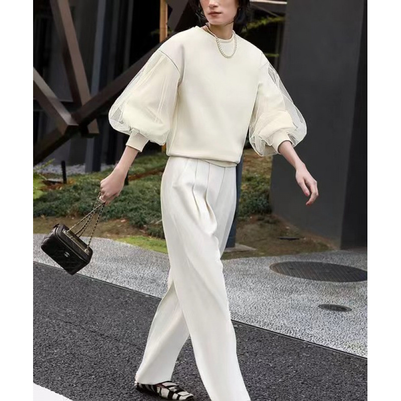 Cross-border Foreign Single Japan and South Korea 2024 Autumn Slim Mesh Sleeves Loose Pullover Design Sense Slim Sweat Women