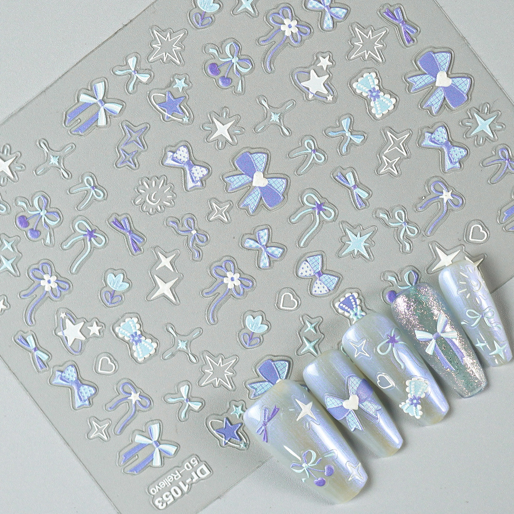 Redanco new 5D embossed pink blue bow shell light nail stickers stereo nail decals Dr-1054