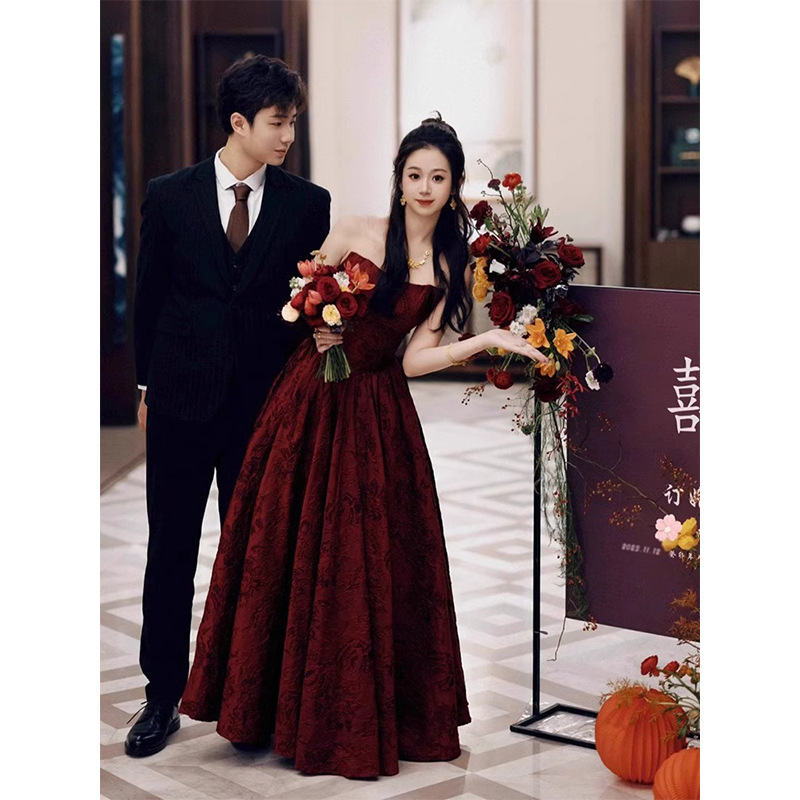 Платье для помолвки без бретелек, легкая роскошь, нишевое, винного цвета, французское вечернее платье, для студентов, экзамен по искусству, ежегодная встреча