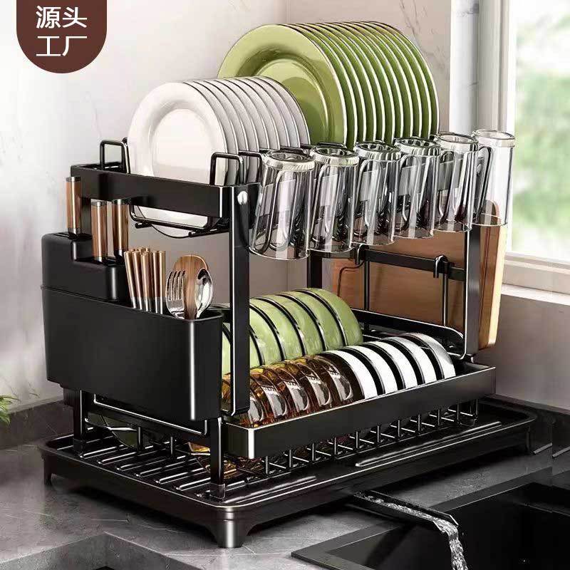 Cross-Border Kitchen Household Metal Storage Rack Tableware Storage Drain Rack Multi-Functional Organizing Countertop Double-Layer Dish Rack