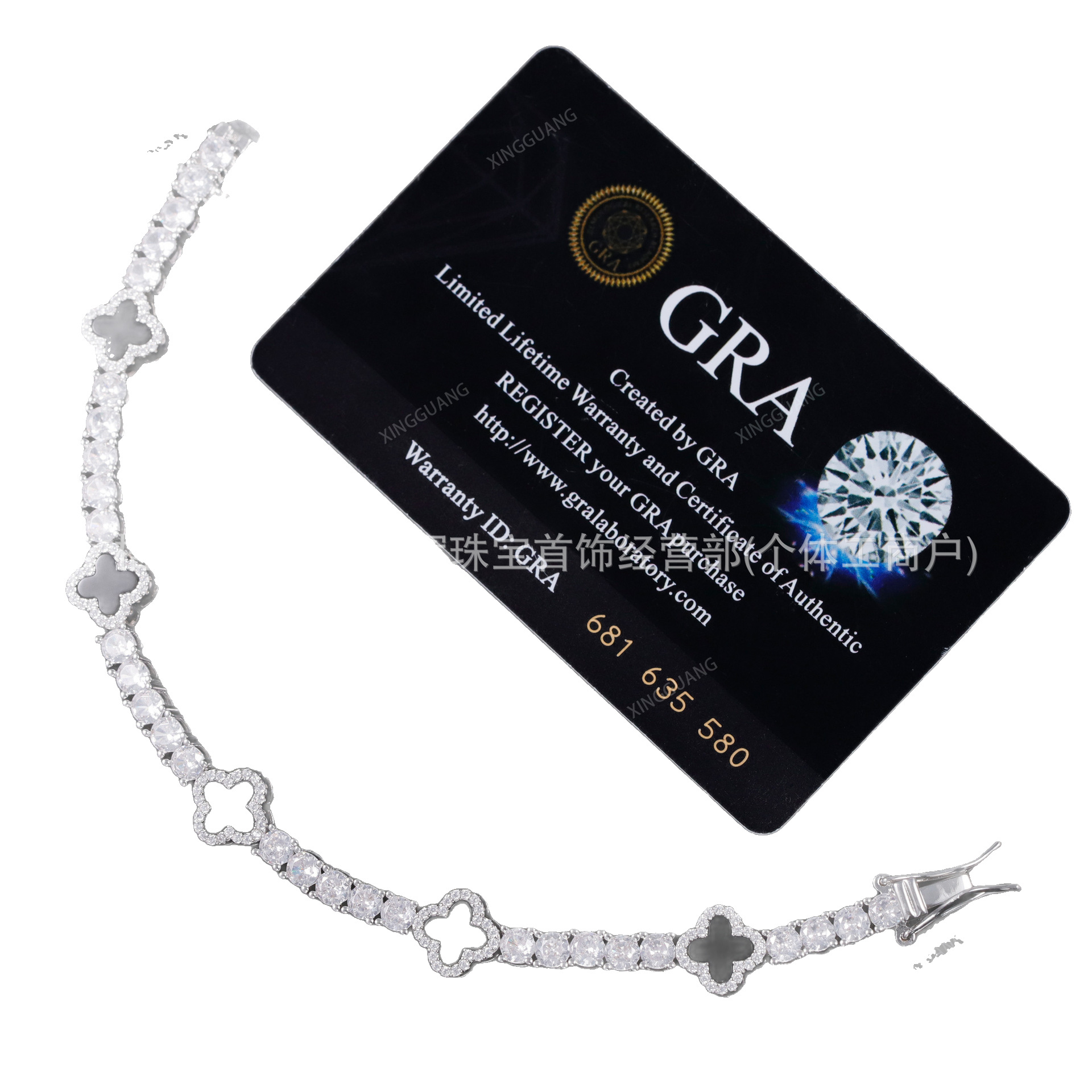 Cross-Border 925 Silver Vvs Moissanite Bracelet Black Agate Four-Leaf Hip Hop Fashion Bracelet