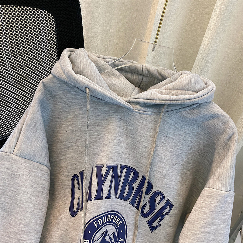 Fleece-lined thickened letter printed hooded sweater dress for women autumn and winter loose casual lazy mid-length over-the-knee dress