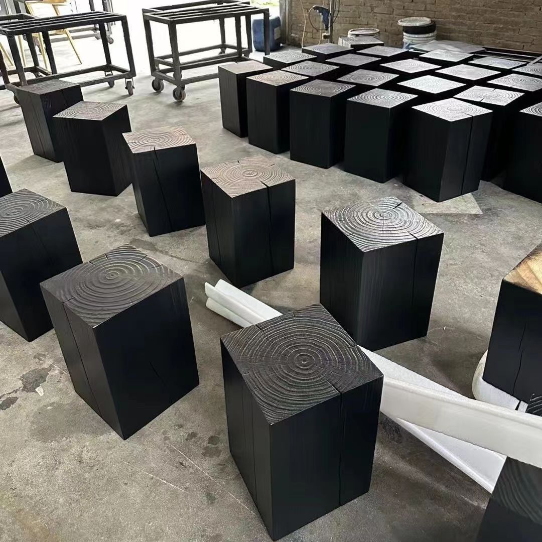Quiet Wind Carbonized Square Wooden Pier Black Column Furniture Low Stool Household Flower Stand Solid Wood Base Decoration Side Table