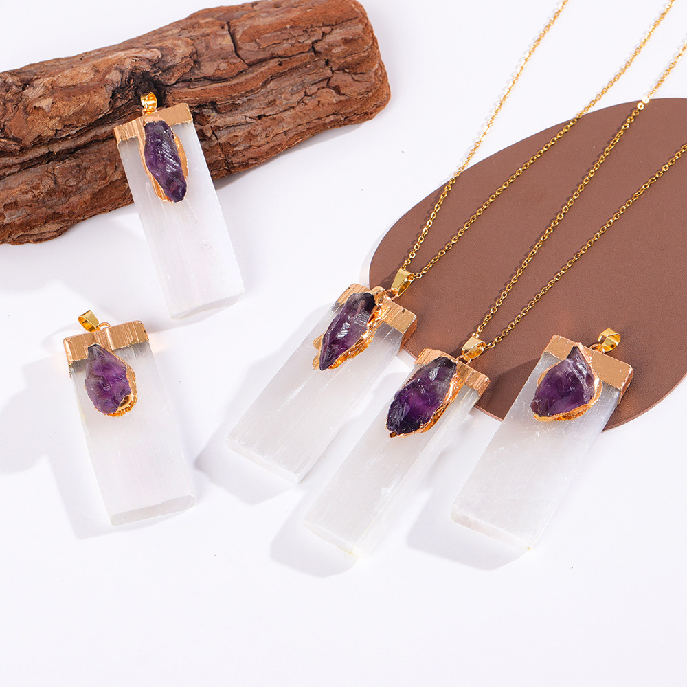 Irregular White Plaster Pendant Necklace Natural Square Rough Stone Inlaid with Amethyst Pendant Crystal Pendant European and American Jewelry