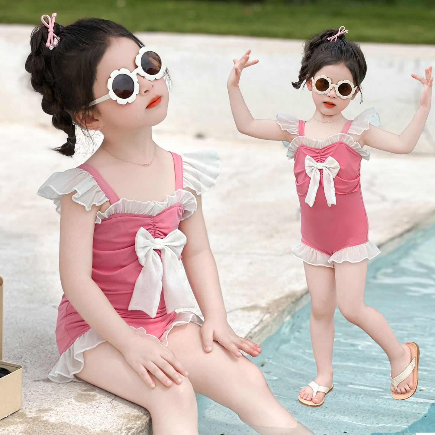 Girls' Front Bow Swimsuit 2025 Summer New Fashion Little Girl's Fashionable One-Piece Swimsuit for Small and Medium-Sized Kidsren