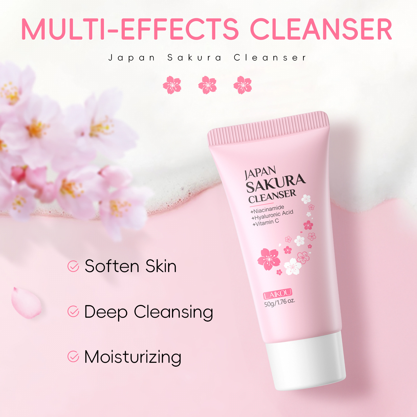 Foreign Version of Laiko Japanese Cherry Blossom Facial Cleanser 50g Hydrating Facial Cleanser Moisturizing Skin Care Cross-Border Export Facial Cleanser