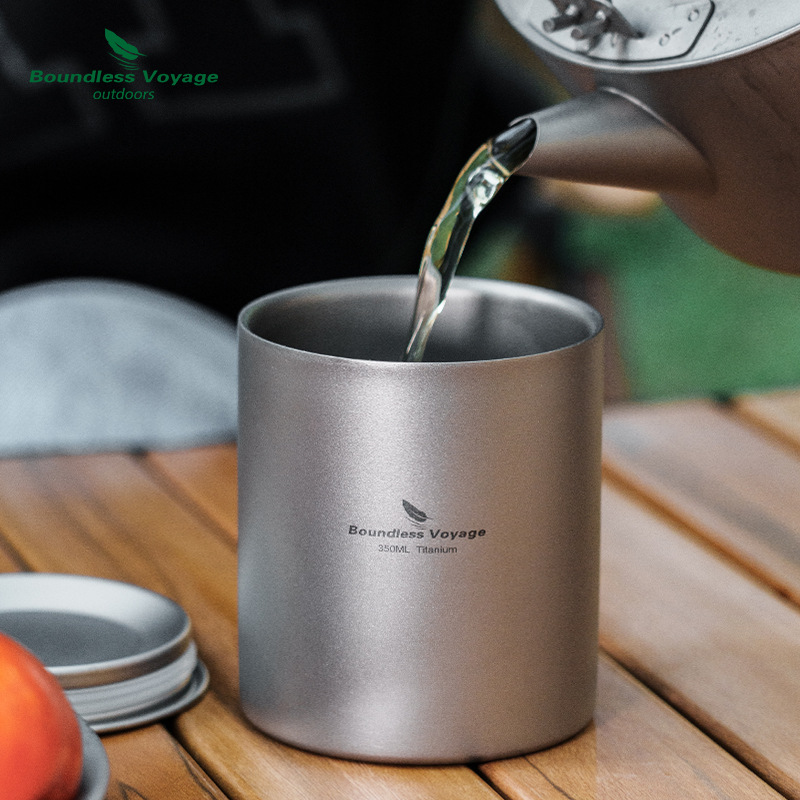 Biwei pure titanium double-layer anti-scalding and heat-insulating water cup 350ml outdoor mug with lid cup camping cup coffee