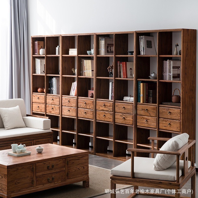 Solid Wood Bookshelf Living Room Floor Bookcase Whole Wall Multi-Layer Partition Storage Cabinet Old Elm Ancient Rack Solid Wood Antique Rack