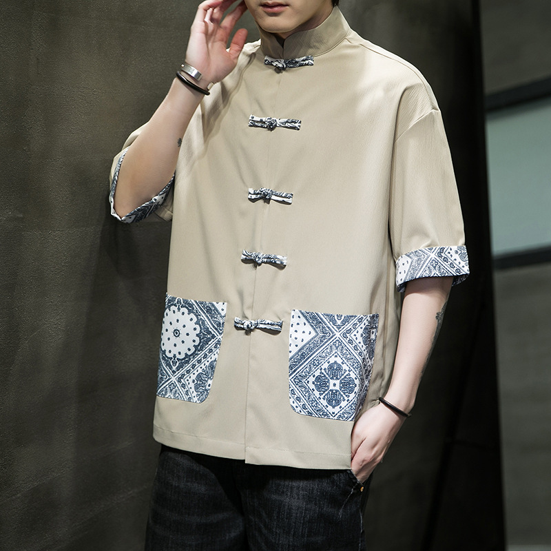 2022 Summer New Men's Ice Silk Shoulder Sleeve Hanfu Tang Suit Chinese Style Buckle Stand Collar Men's Short Sleeve Shirt