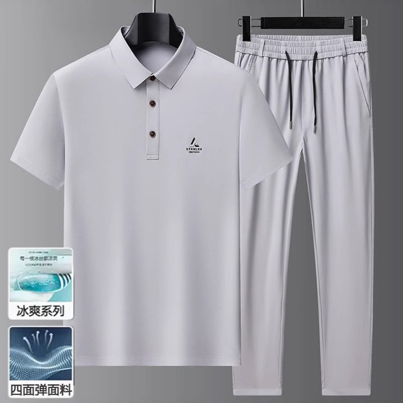 Summer Ice Silk Stretch Seamless Men's Polo Shirt Set Thin Short Sleeve Turn-Down Collar Middle-Aged T-Shirt Business Casual