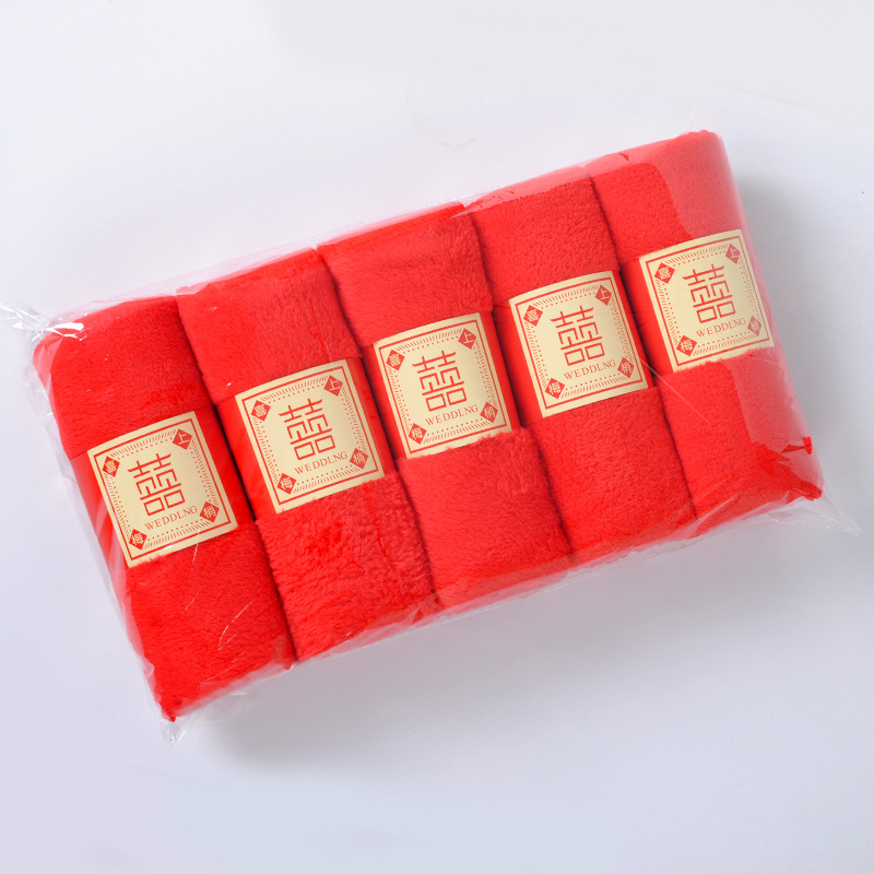 Embossed Happy Red Towel Hand Gift Wholesale Wedding Gift Towel Coral Fleece Lace Thickened Towel