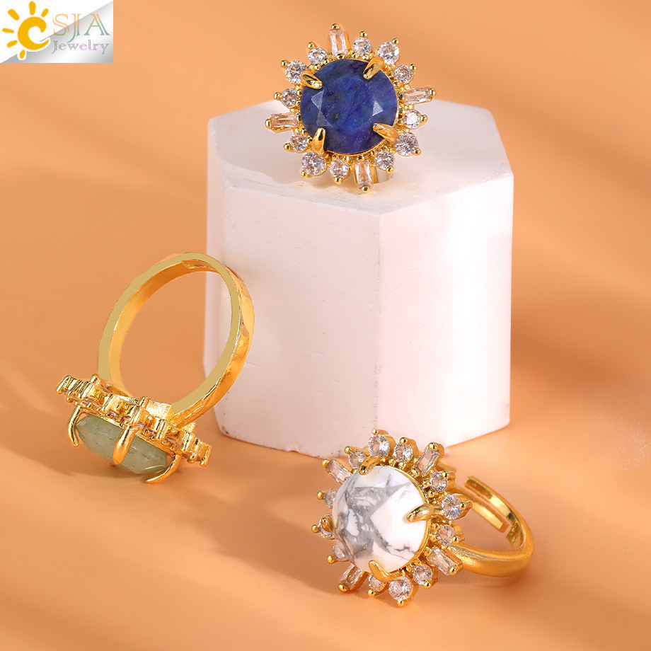 Fresh, Sweet and Fashionable Cross-Border Jewelry Wholesale Round Faceted Natural Crystal Stone Diamond Sunflower Ring for Women