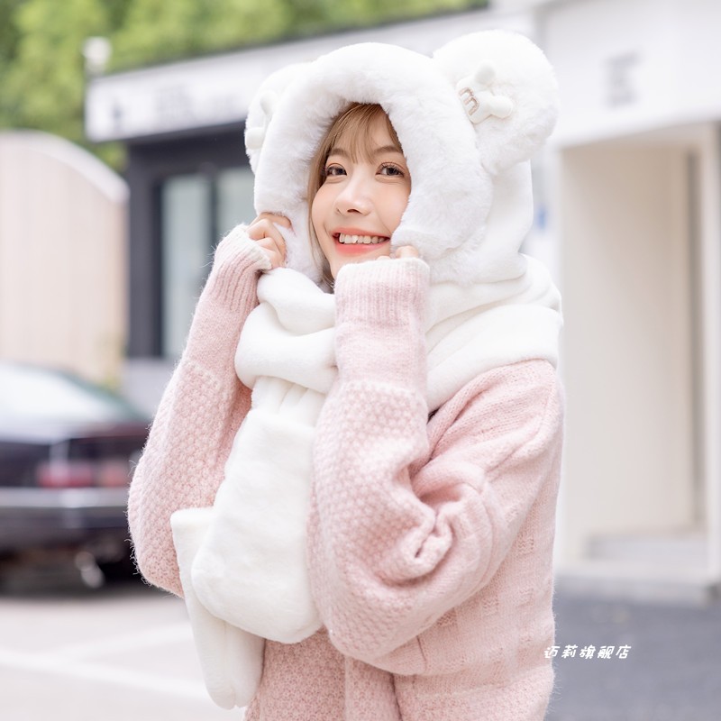 Bear hat women's three-piece Korean-style cute Mickey hooded scarf integrated warm gloves ear protection scarf winter