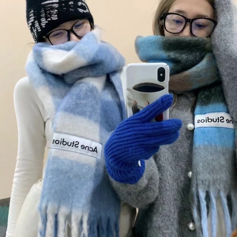 Autumn and Winter New Thickened Warm Rainbow-Colored Plaid Scarf European and American Loop Yarn Thick Tassel Color-Blocking Shawl