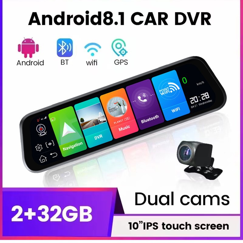 Беспроводное зеркало заднего вида с 4G Android, видеорегистратор, 10 дюймов, полный экран, 12 миллионов HD ночного видения