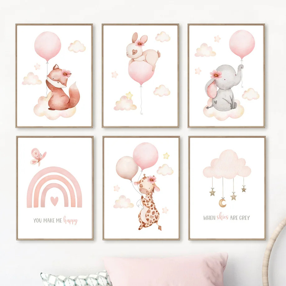 Розовая акварельная живопись с животными для детской спальни