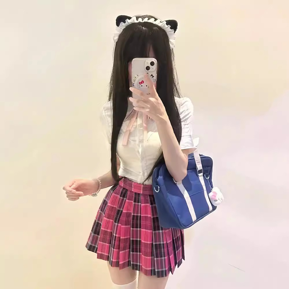 in stock Slim-fit Short-sleeved White Shirt All-match Small Mel Pleated Skirt Original Jk Uniform Academy Style Slim-fit Wear Three-fit