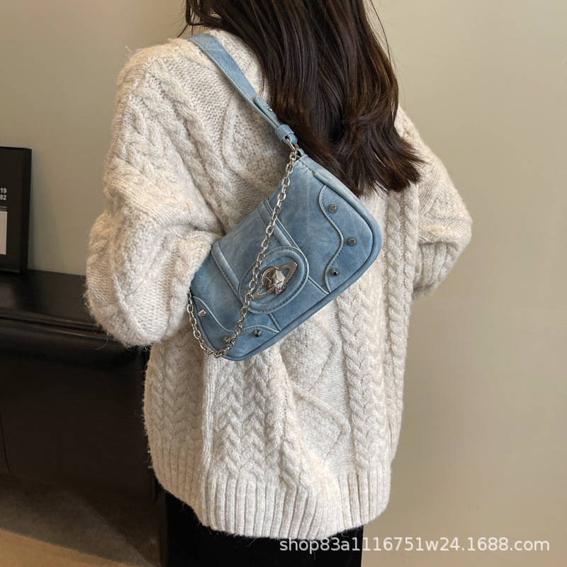 Four Seasons commuter retro small square bag trendy all-match Denim underarm shoulder bag daily matching chain crossbody women's bag