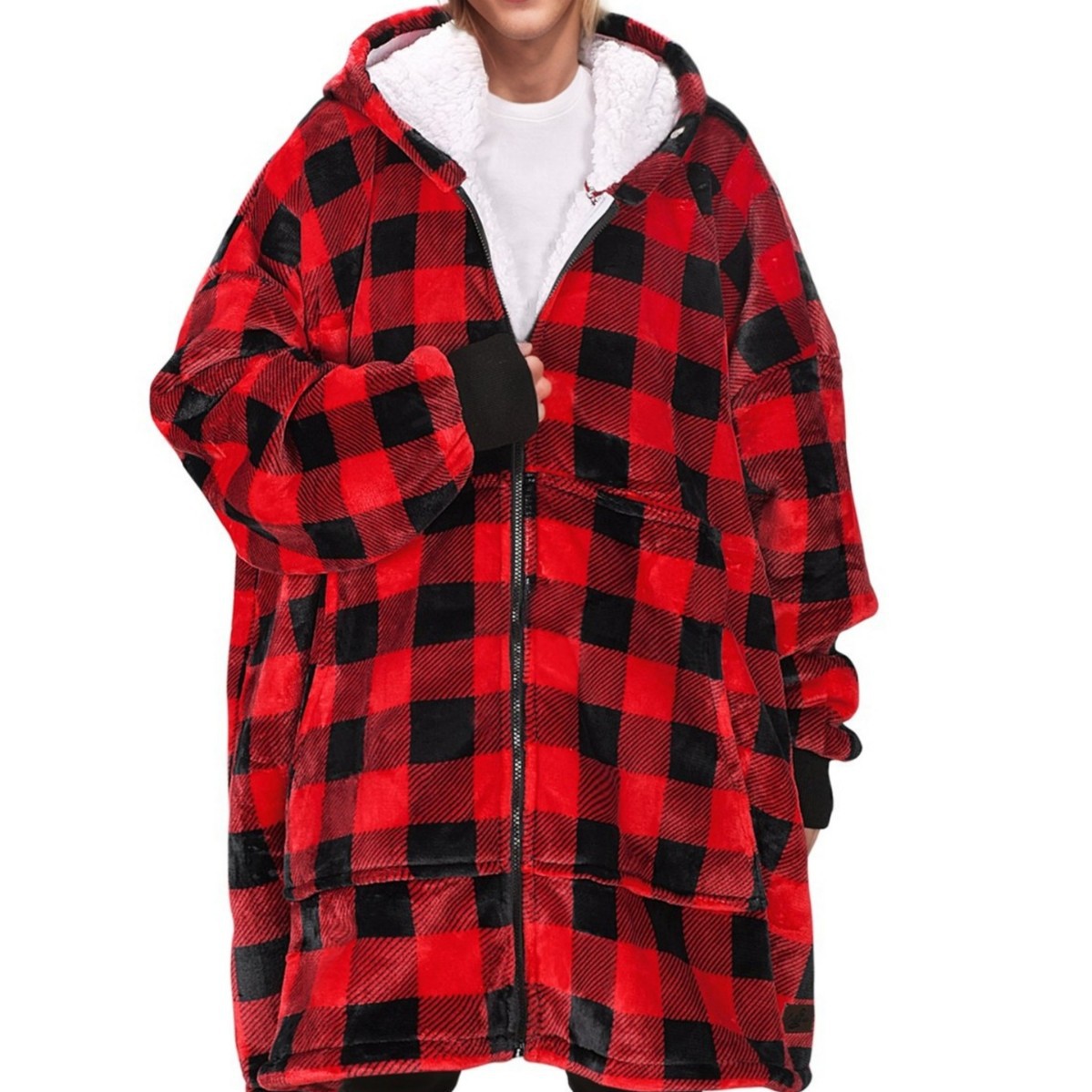Temu Cross-Border Thickeneded Plaid Zipper Hooded Lazy Shirt Couple Home Clothes Flannel Lazy Blanket Wearable Sweatshirt