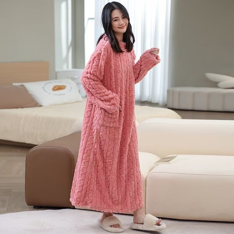 Ходячий плед зимний новый удлиненный теплый свободный с карманами коралловый флис домашние пижамы ночная рубашка женская ночная рубашка