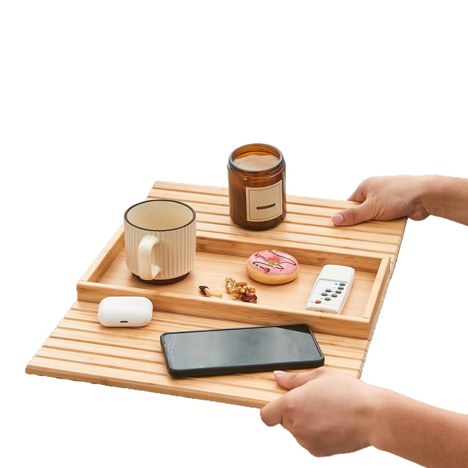 Bamboo Sofa Armrest Tray Foldable Anti-Drop Sofa Armrest Holder with Storage Side Armrest Tray