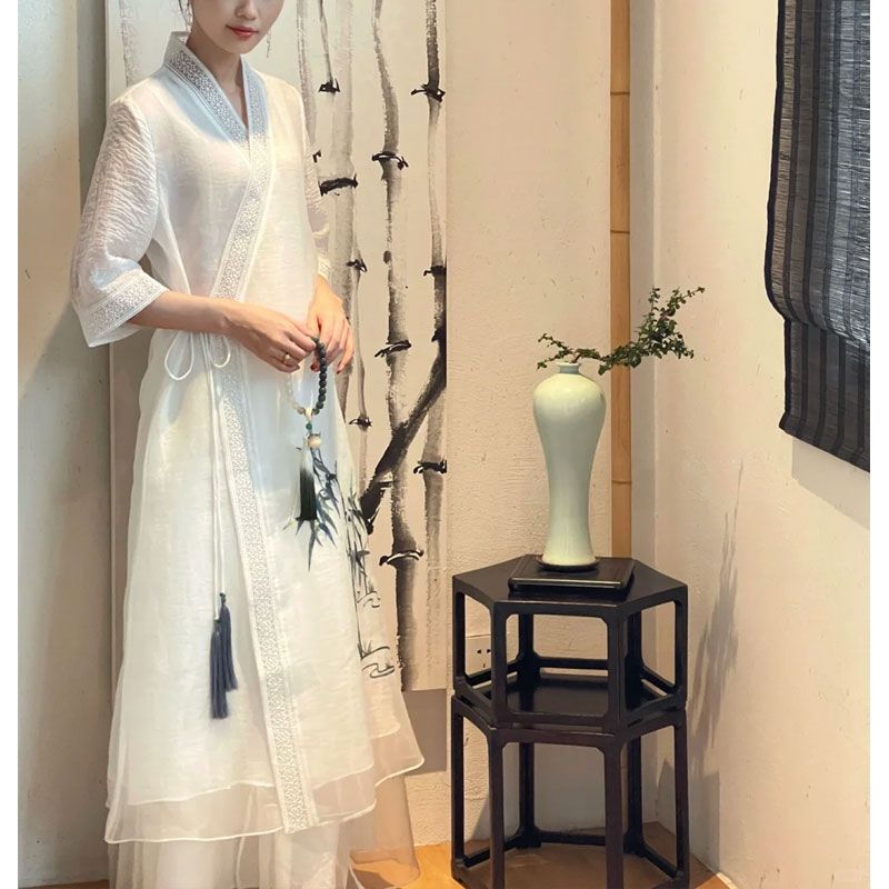 Spring 2025 Daily Fairy Zen Tea Clothing Chinese Hanfu Improved Cheongsam Little Man Tea Artist dress