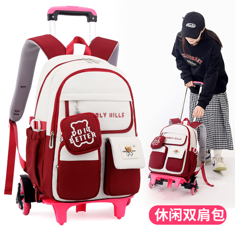 Natural Fish Cross-border Hot Sale Trolley Schoolbag Large Capacity Junior High School Student Backpack Girls' Dual-use Primary School Student Stairs Climbing