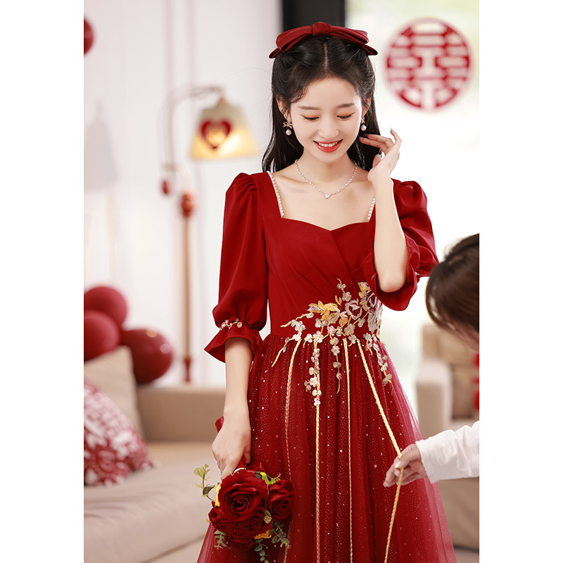 plus size Toast Dress Bride Slim 2025 New wine red chubby girl Wedding Engagement Door Dress Women's High-end Sense