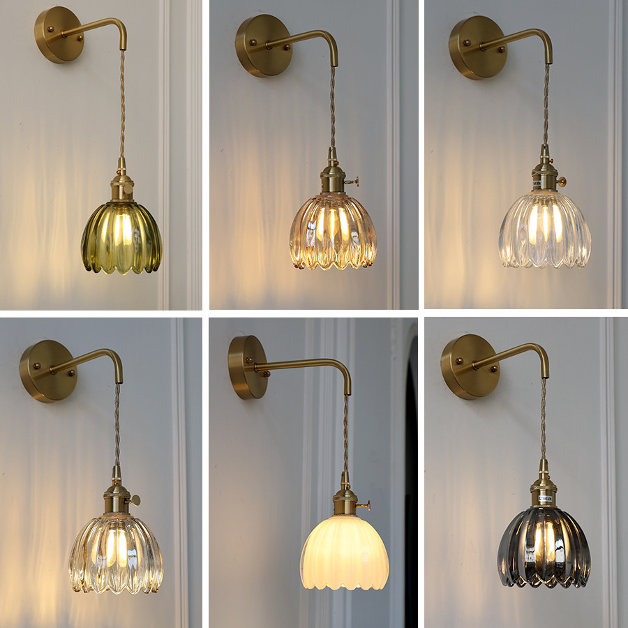 Japanese Retro All-Copper Glass Amber Small Flower Single-Head Bedroom Bar Restaurant Milk Tea Scandinavian Simple Chandelier