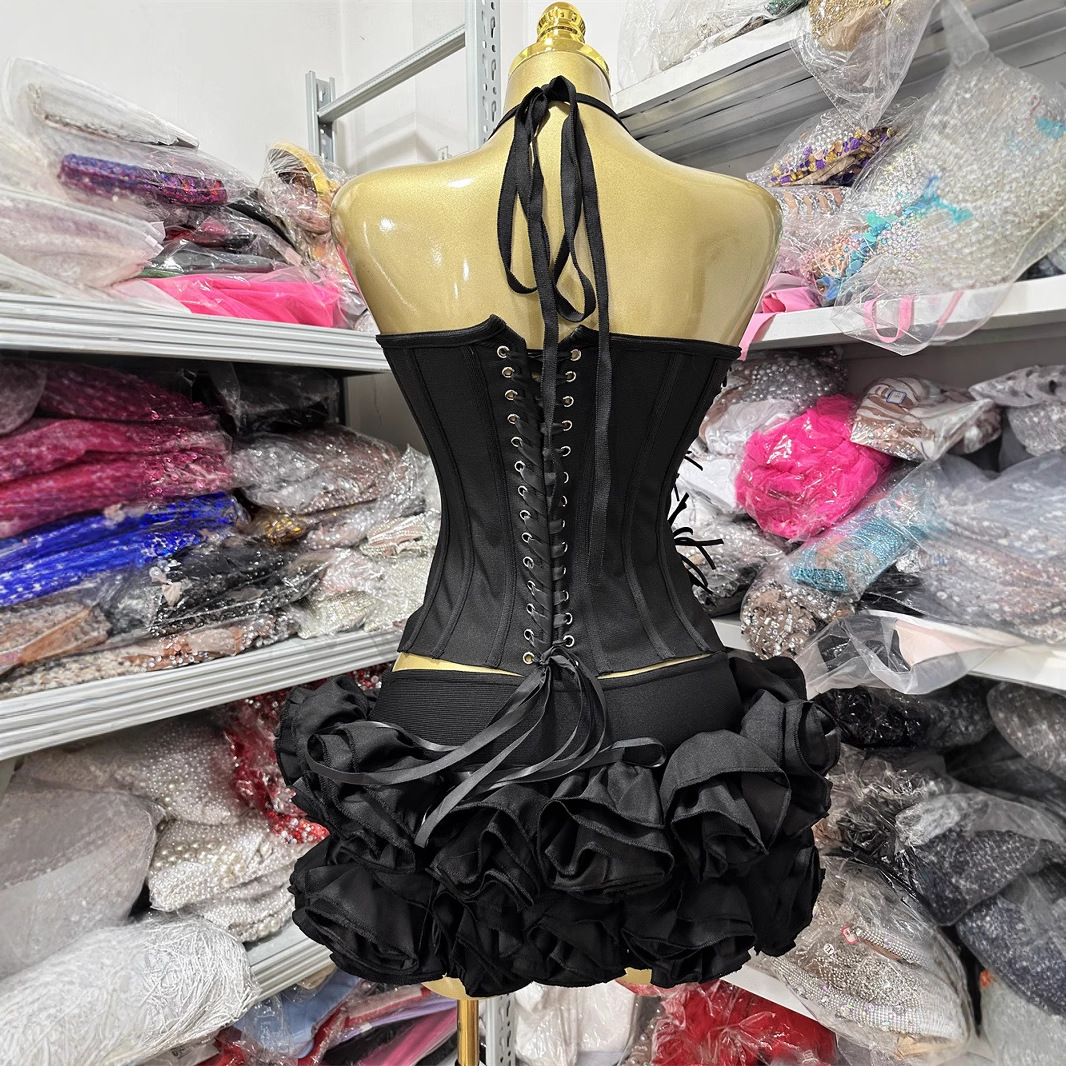 European and American Solid Color Three-Dimensional Floral Bud Skirt Sexy Tie Halter Neck Tube Top Party Evening Bandage Set