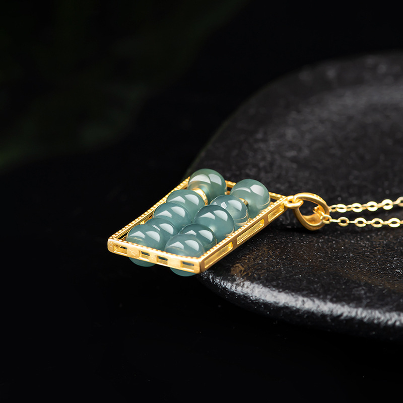 Natural A-Grade Jadeite Blue Water Tongcai Abacus Pendant S925 Silver Inlaid Ice Jade Pendant Necklace for Men and Women