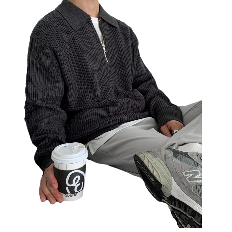 Half zipper sweater men's autumn and winter Japanese retro high-grade lazy style lapel sweater loose casual sweater