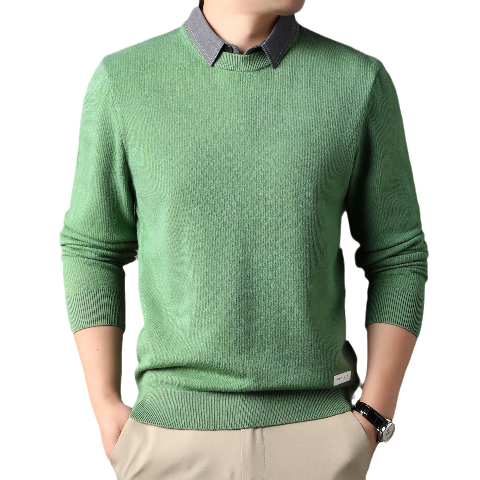 High-end Shirt Collar Sweater Men's Autumn and Winter All-match Thickened Warm Fake Two-piece Base Shirt Casual Trendy Knitted Shirt