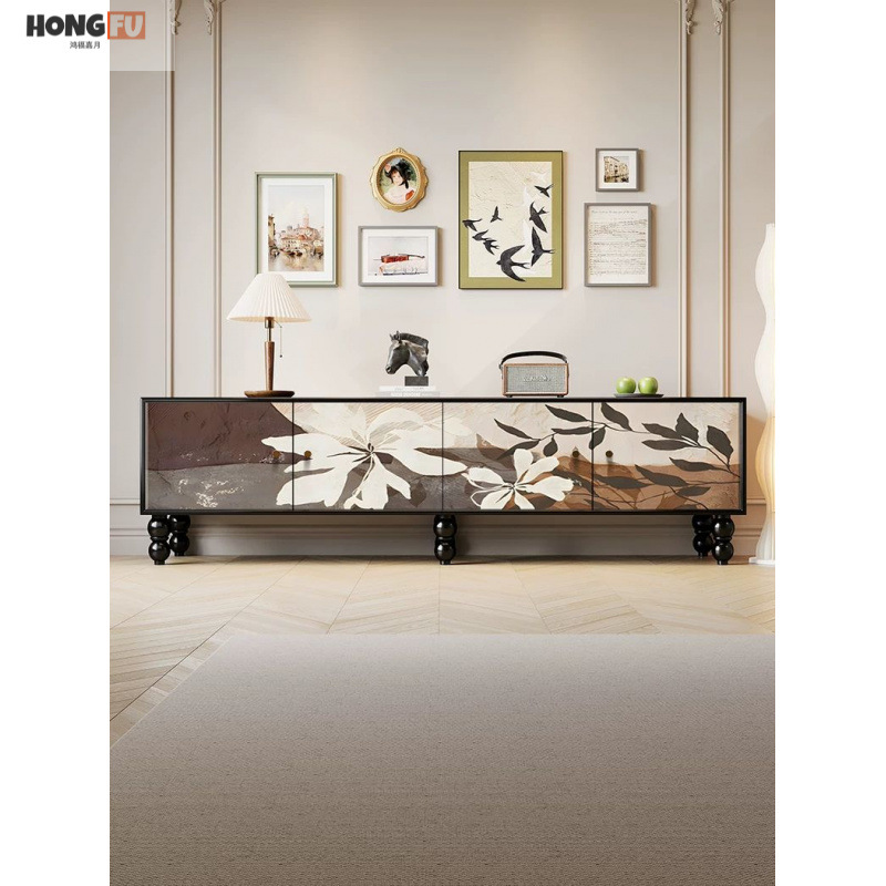 French-Style Mid-Century Painted Solid Wood Tv Cabinet Floor-Standing Living Room Storage Cabinet Integrated 2024 New High-End Design