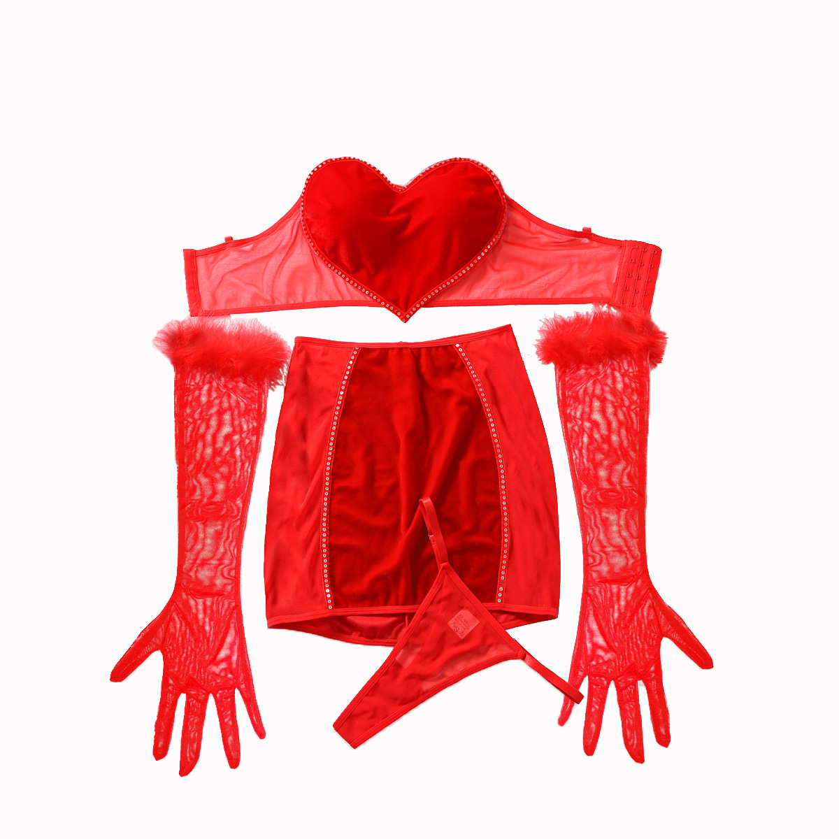 Cross-Border New Red Love Animal Year Sexy Lingerie Short Skirt Set Comfortable See-Through Mesh Sexy Four-Piece Set