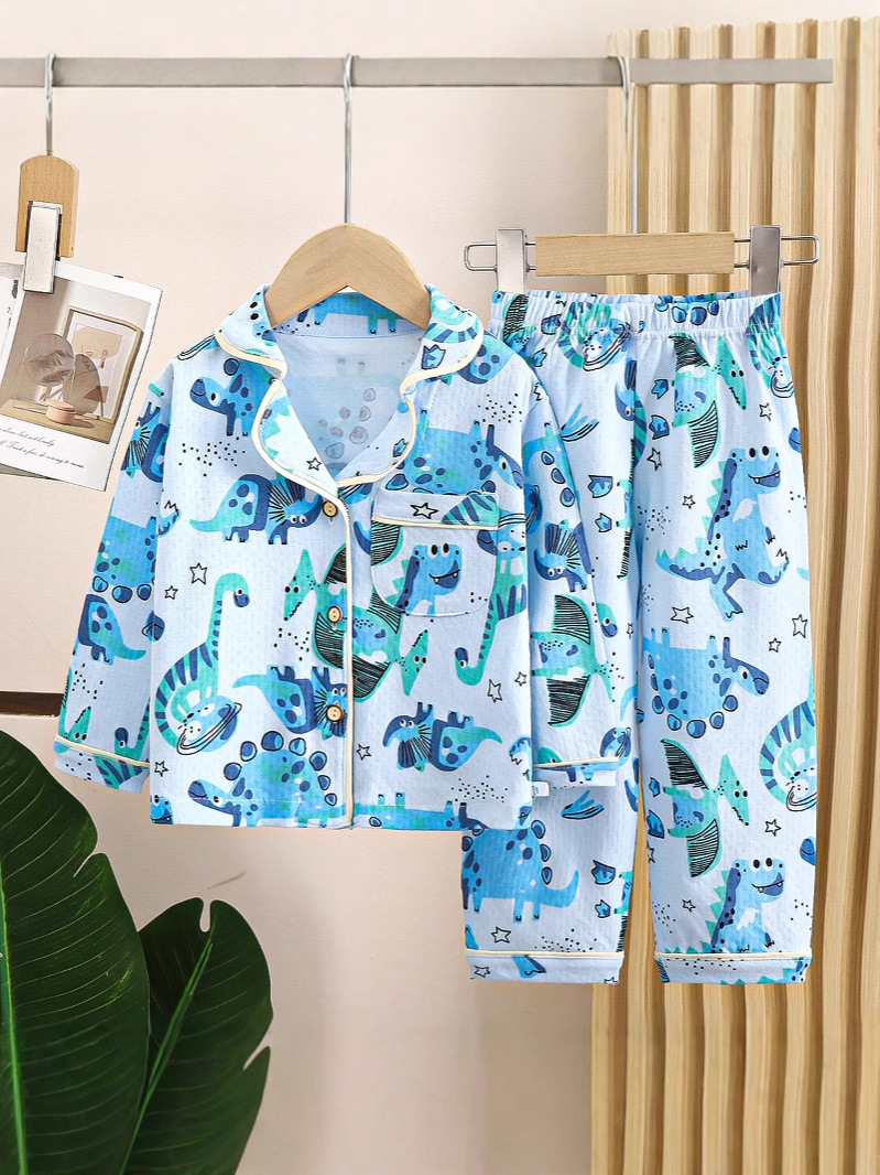 Cotton Children's Pajamas Spring and Autumn Lapel Long-sleeved Boys' Home Clothes suit Loose Big Children's and Girls' Air-conditioning Clothes