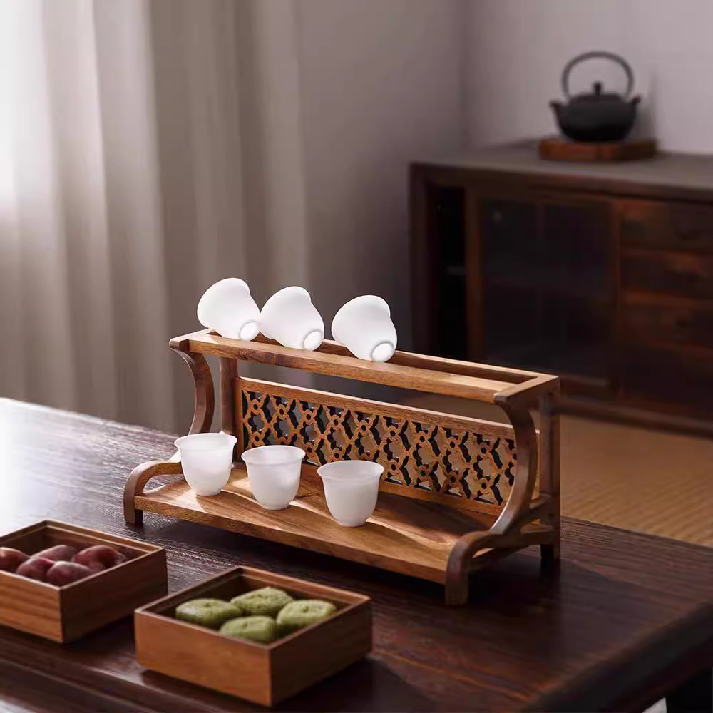 Walnut Storage Rack Small Desktop Tea Cup Antique Rack Living Room Tea Room Chinese Style Storage Cup Rack Display Shelf