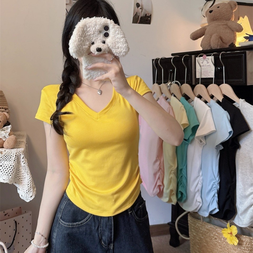 5125 # Pure Desire V-Neck Right Shoulder Short-Sleeved T-Shirt for Women in Summer Slimming Look Design Pleated Waist Short Top