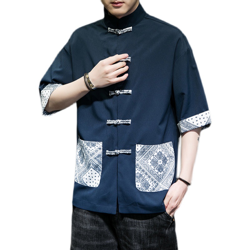 2022 Summer New Men's Ice Silk Shoulder Sleeve Hanfu Tang Suit Chinese Style Buckle Stand Collar Men's Short Sleeve Shirt