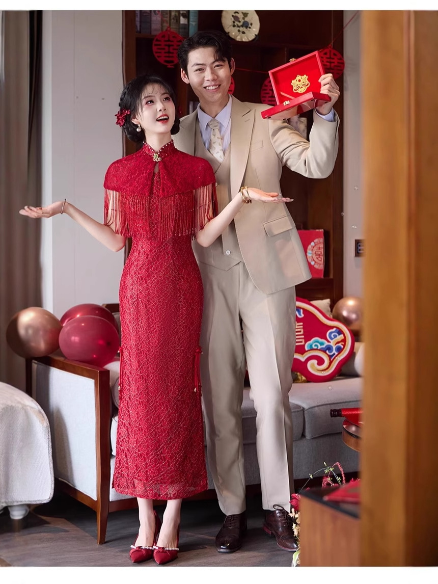 Burgundy High-End Engagement Cheongsam Dress New Chinese Style Toast Dress Bride Home Thanksgiving Banquet Casual Wear