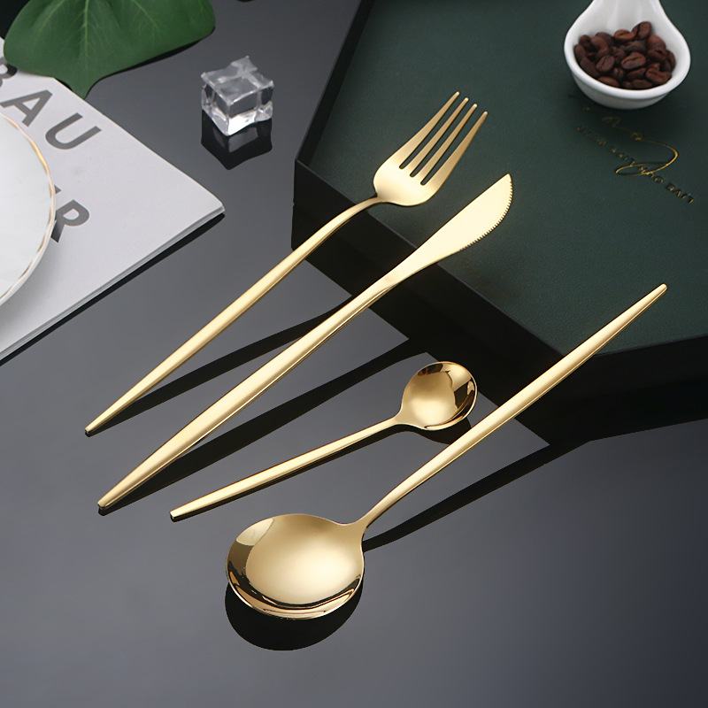 Португальский зеркальный золотой набор столовых приборов, нож, вилка и ложка, набор из четырех предметов для стейка и десертов