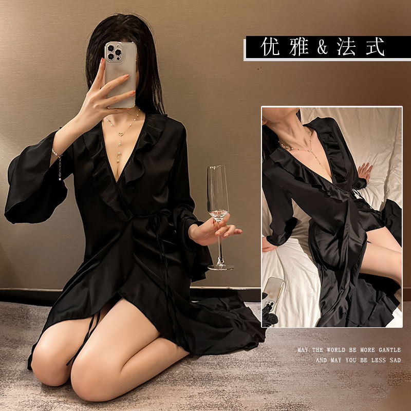 Французский стиль, сексуальный халат с глубоким V-образным вырезом, халат из льняного шелка, домашний кардиган, ночная рубашка, оптовая продажа
