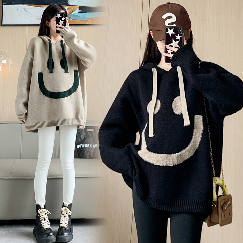 Autumn New Arrival Lazy Style All-Match Smiley Face Hooded Sweater Maternity Dress